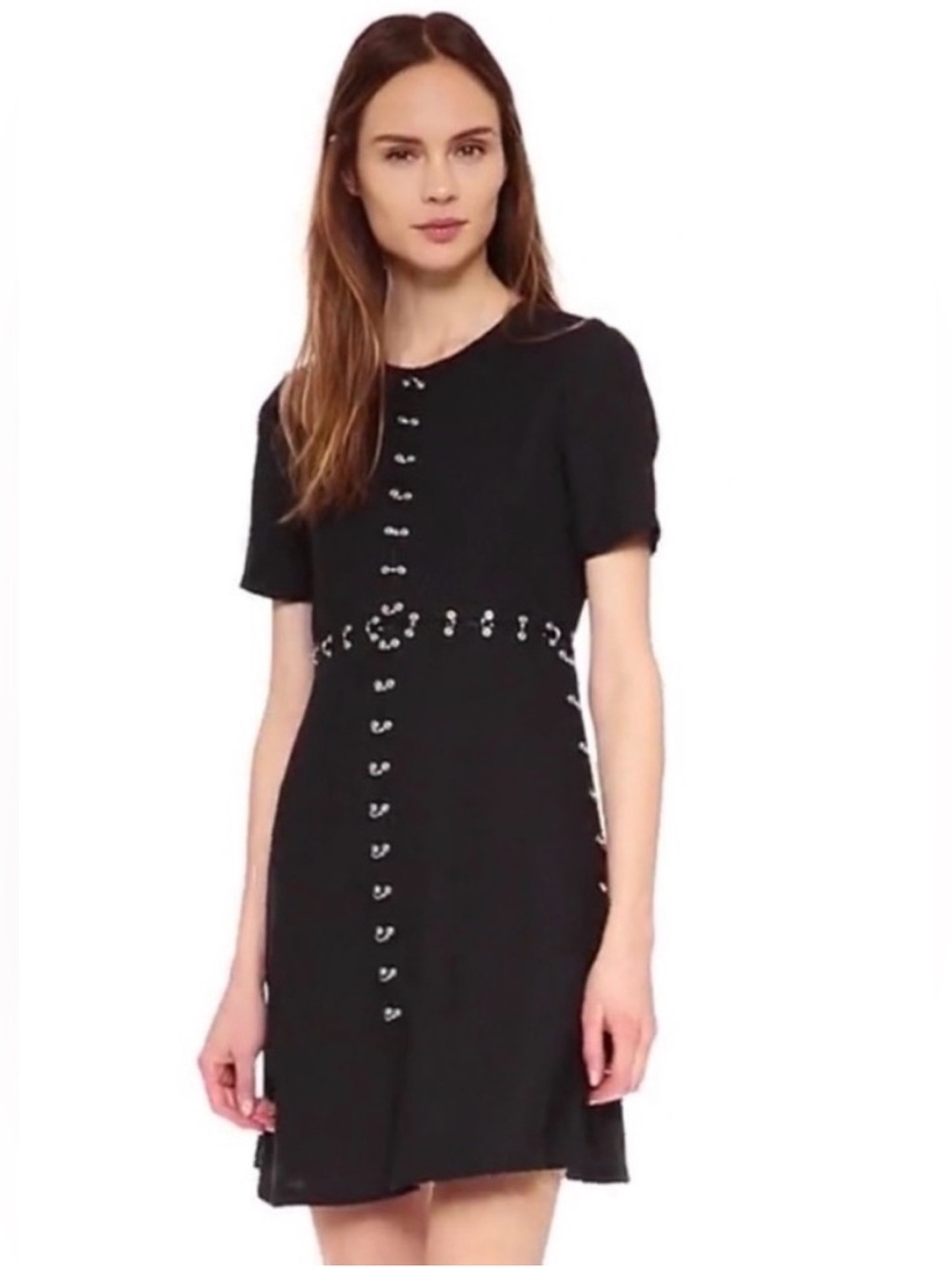 NWT The Kooples Black Short Sleeve
Mini Dress with Metallic Piercing Ring Trim M
